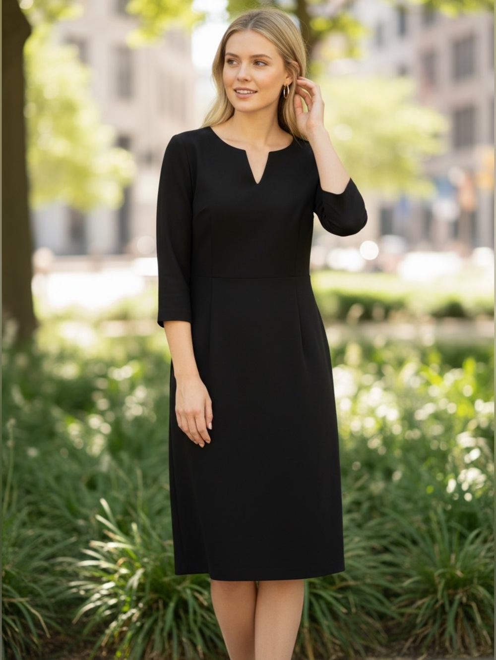 Talbots Black Long Sleeve Split-Neck Sheath Dress (10)
